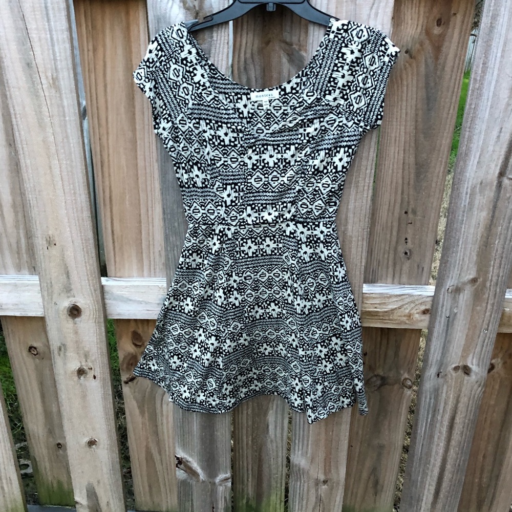 Black and white patterned flare dress